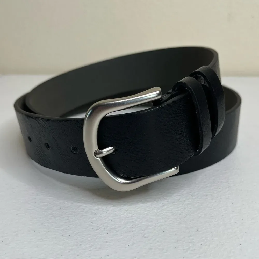 Faux Leather Black Belt Silver Buckle Classic Basic Simple 1.5